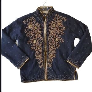 1960s Gold & Black Beaded Cardigan- L, Vintage Wool Sweater Mandarin collar Glam